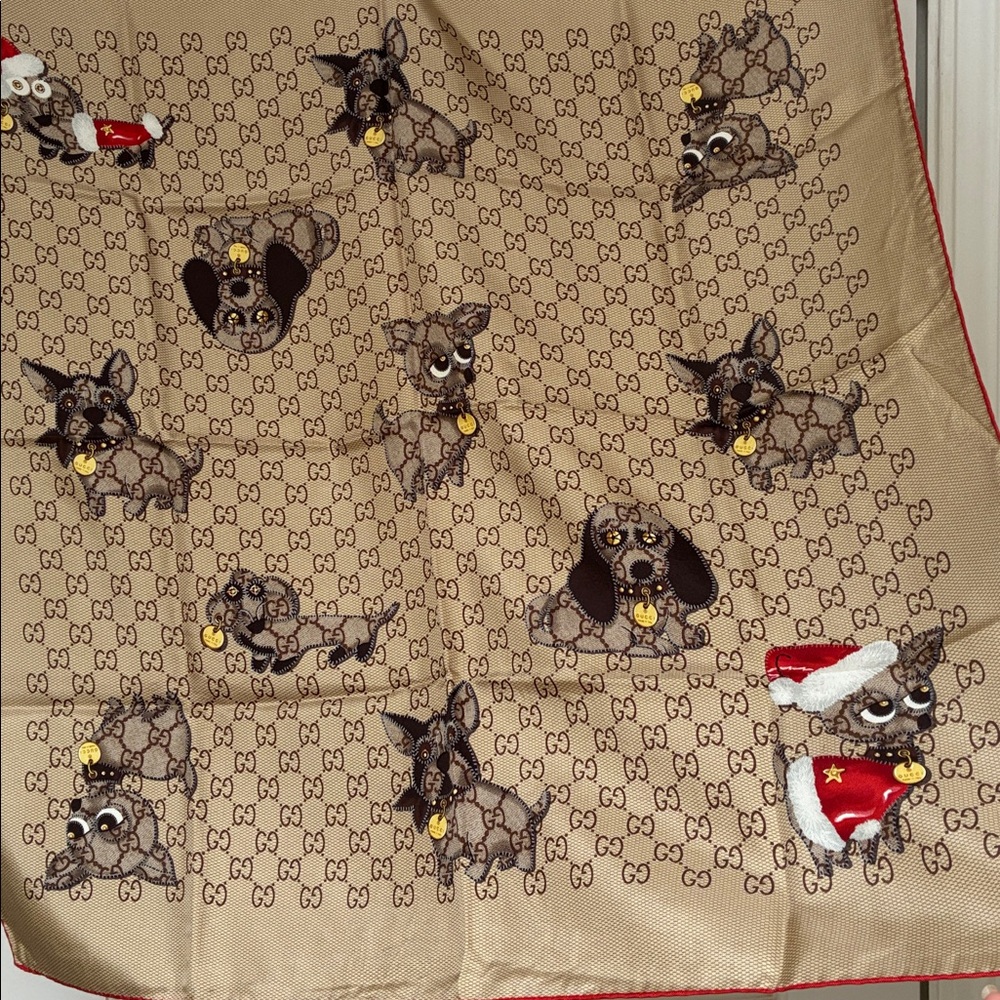 Vintage Gucci Beige and Brown Dog Motif Scarf